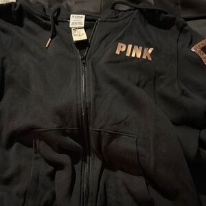 Black Zip-Up Hoodie with Pink Logo